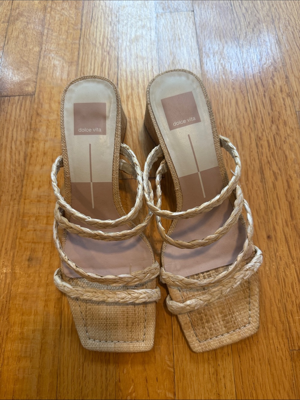 Dolce Vita Braided Strap Square Toe Heels in Beige